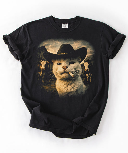  Cowboy cat graphic t-shirt in black — garment-dyed heavyweight tee with western ranch print, front view
