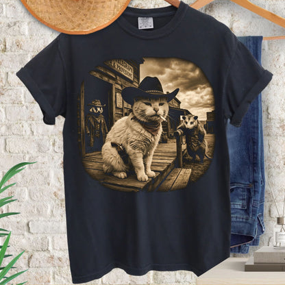 Western cowboy cat t-shirt back view — funny animal graphic tee in Black
