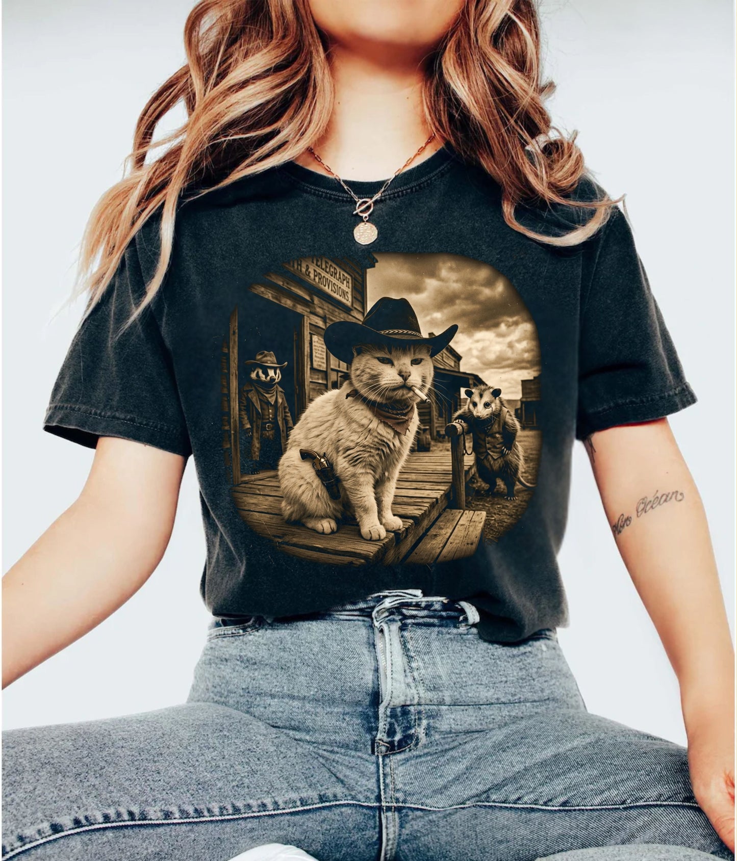Western cowboy cat t-shirt in Black — vintage sepia graphic on heavyweight garment-dyed tee
