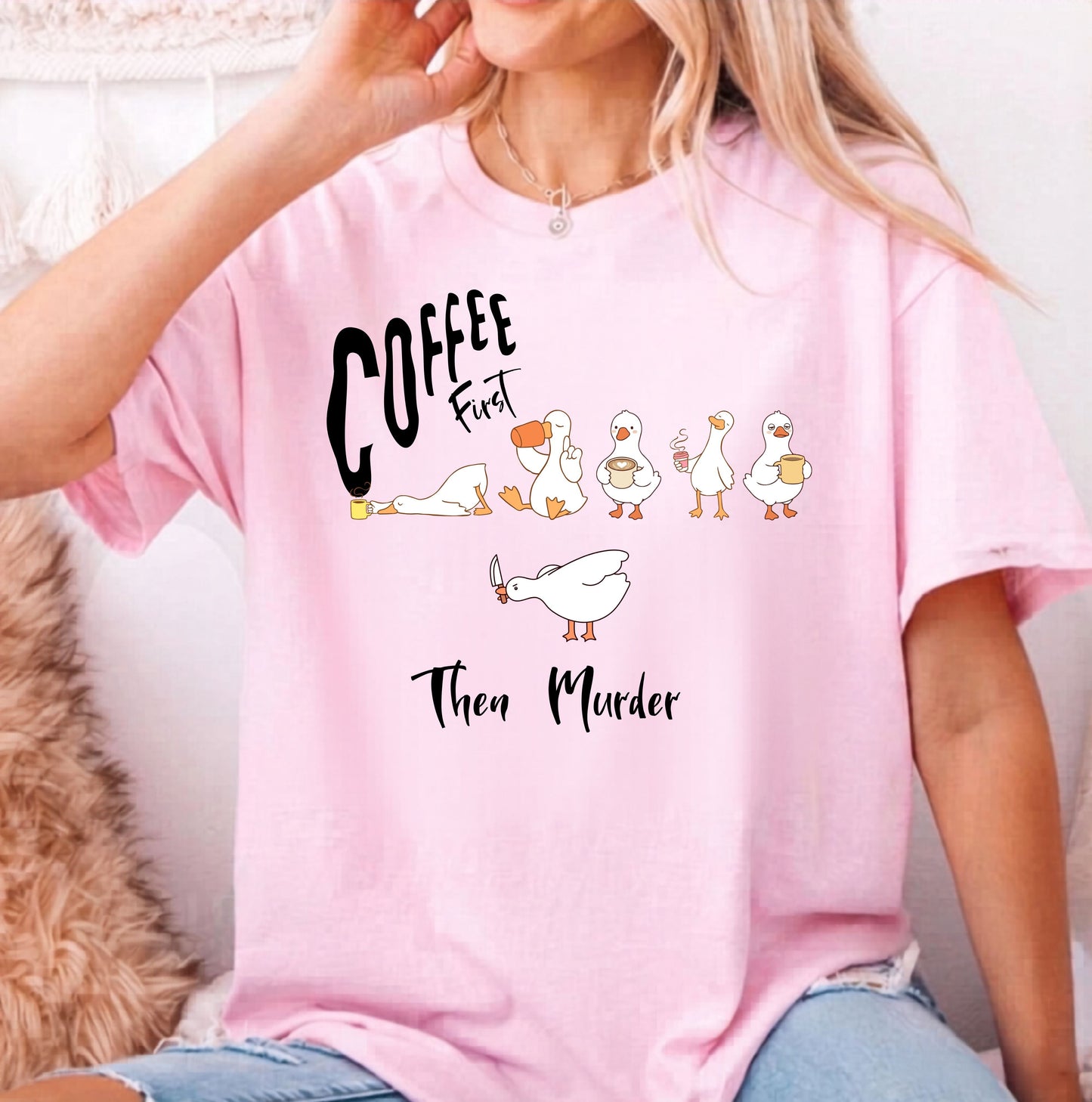 Silly Goose Coffee First t-shirt in Blossom  — garment-dyed heavyweight cotton tee
