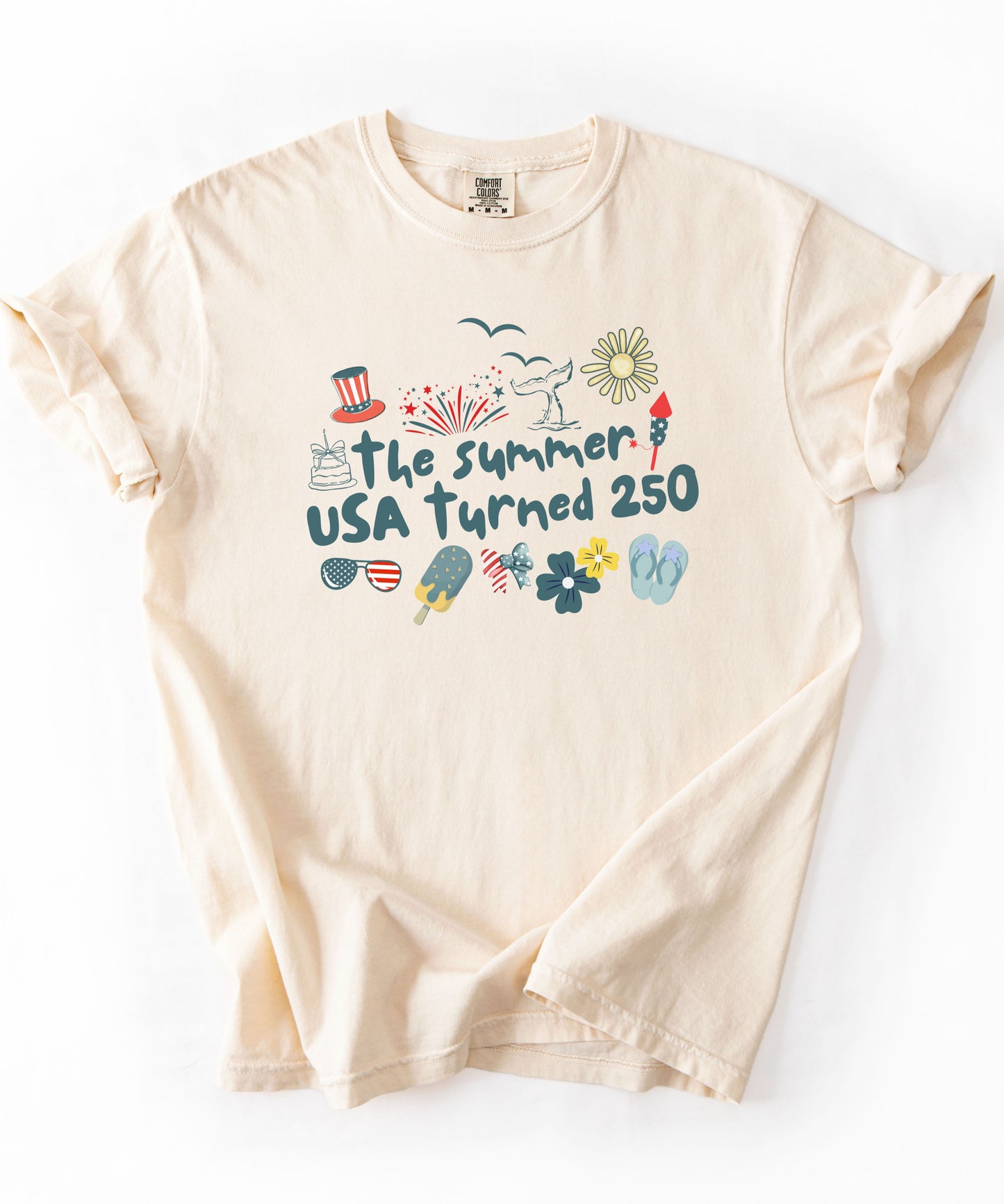 Ivory t-shirt with 'The summer USA turned 250' design on a white background