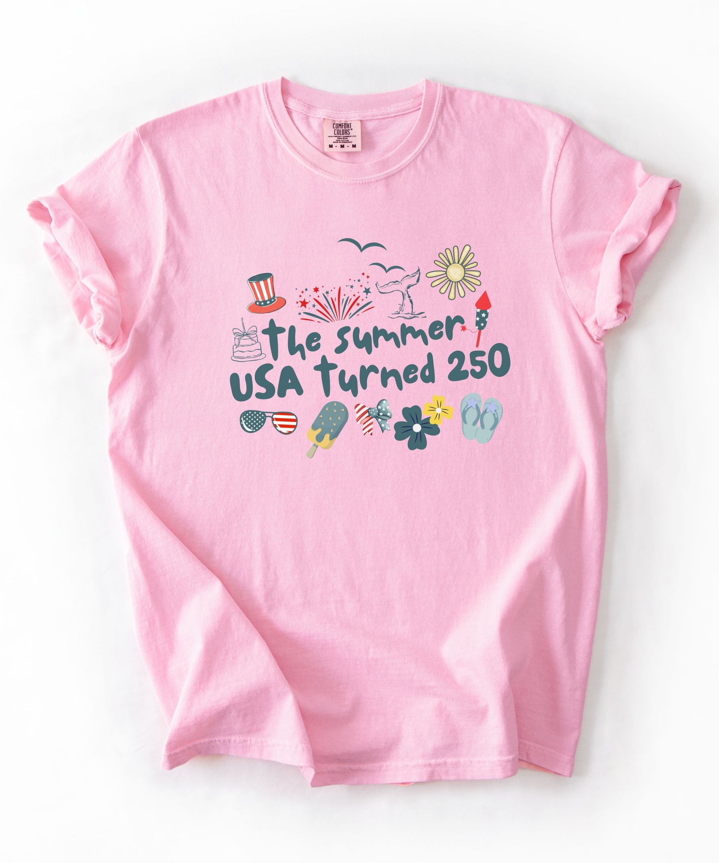 Blossom t-shirt with 'The summer USA turned 250' design on a white background