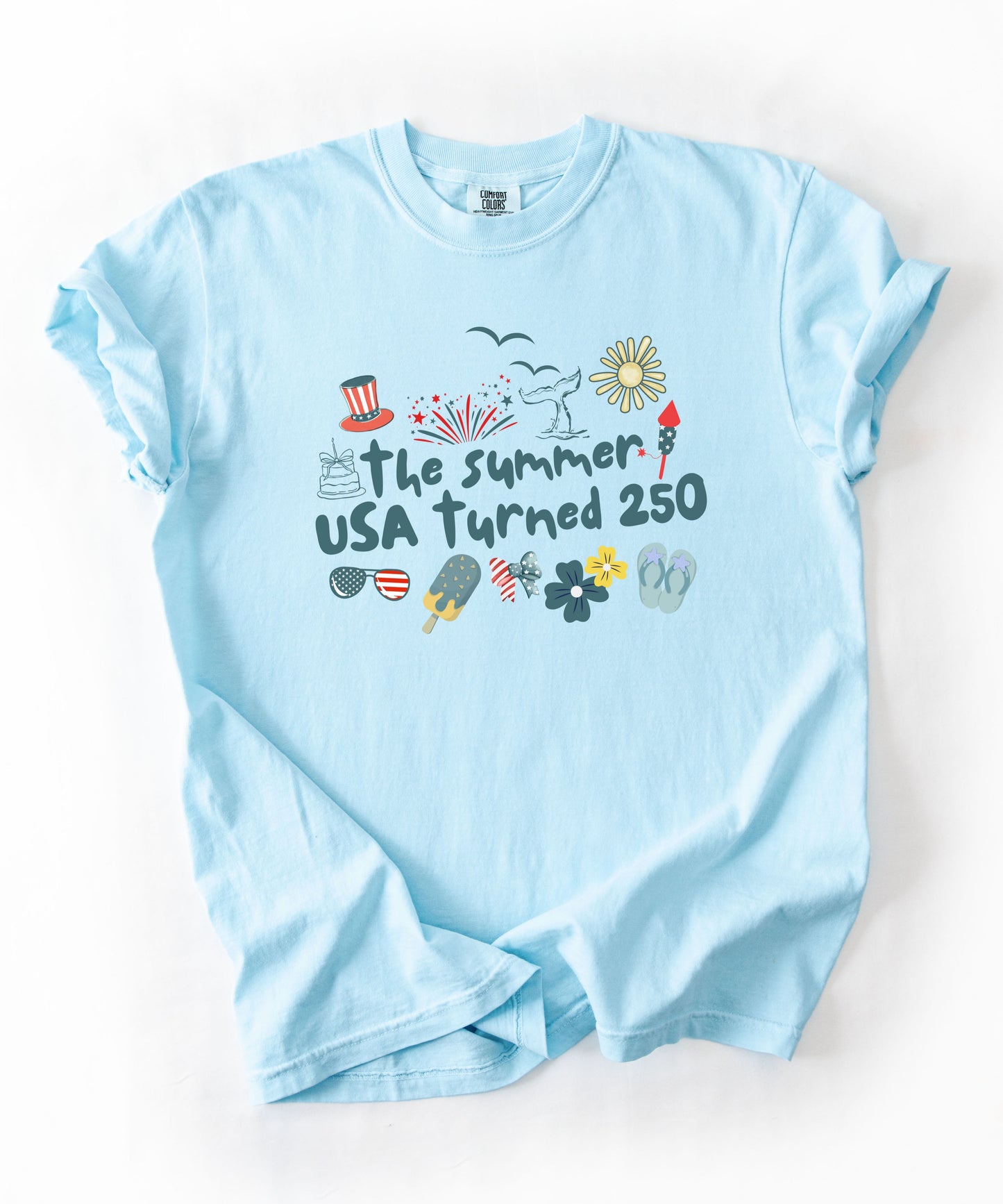 Chambray  t-shirt with 'The summer USA turned 250' design on a white background