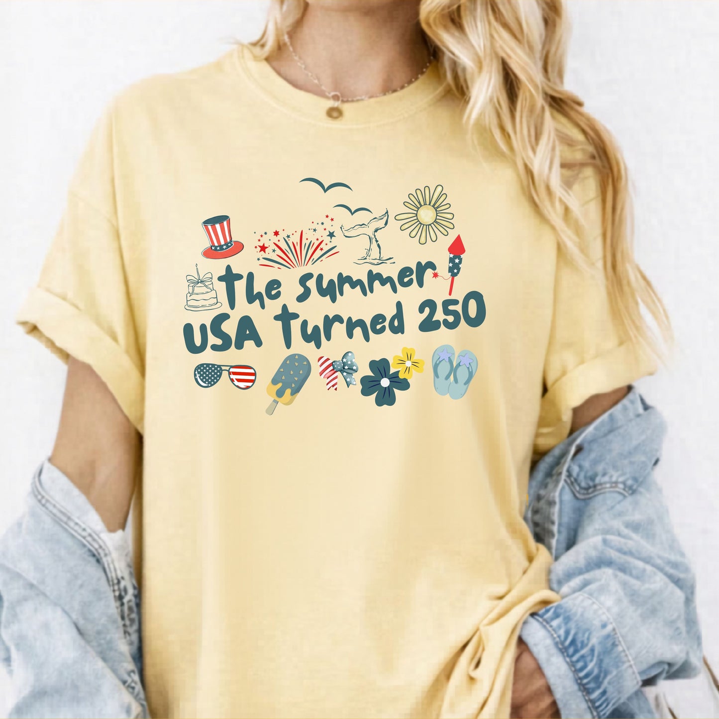 Butter t-shirt with 'The summer USA turned 250' design on a white background