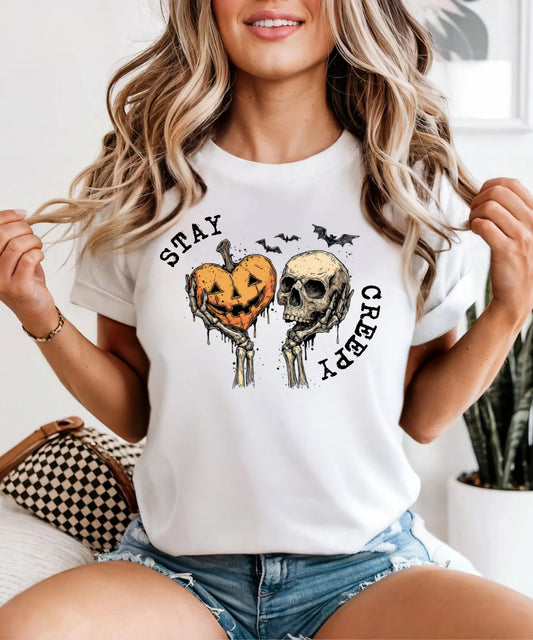 Stay Creepy Skull & Jack-O'-Lantern T-Shirt – White
