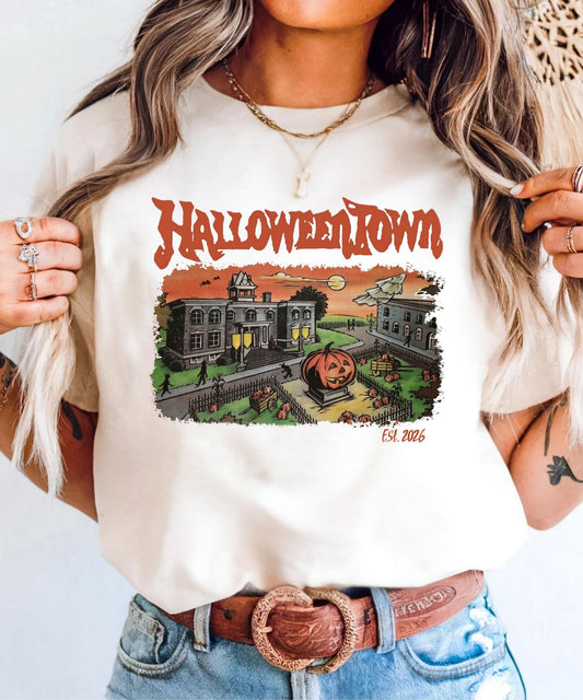 Halloweentown University T-Shirt in Ivory — retro spooky campus graphic tee, garment dyed