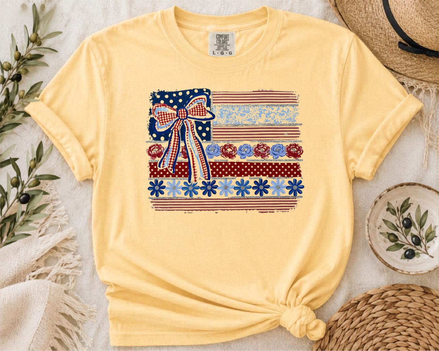 Patriotic Ribbon Flag T-Shirt in Butter— vintage americana graphic tee, garment dyed, relaxed fit