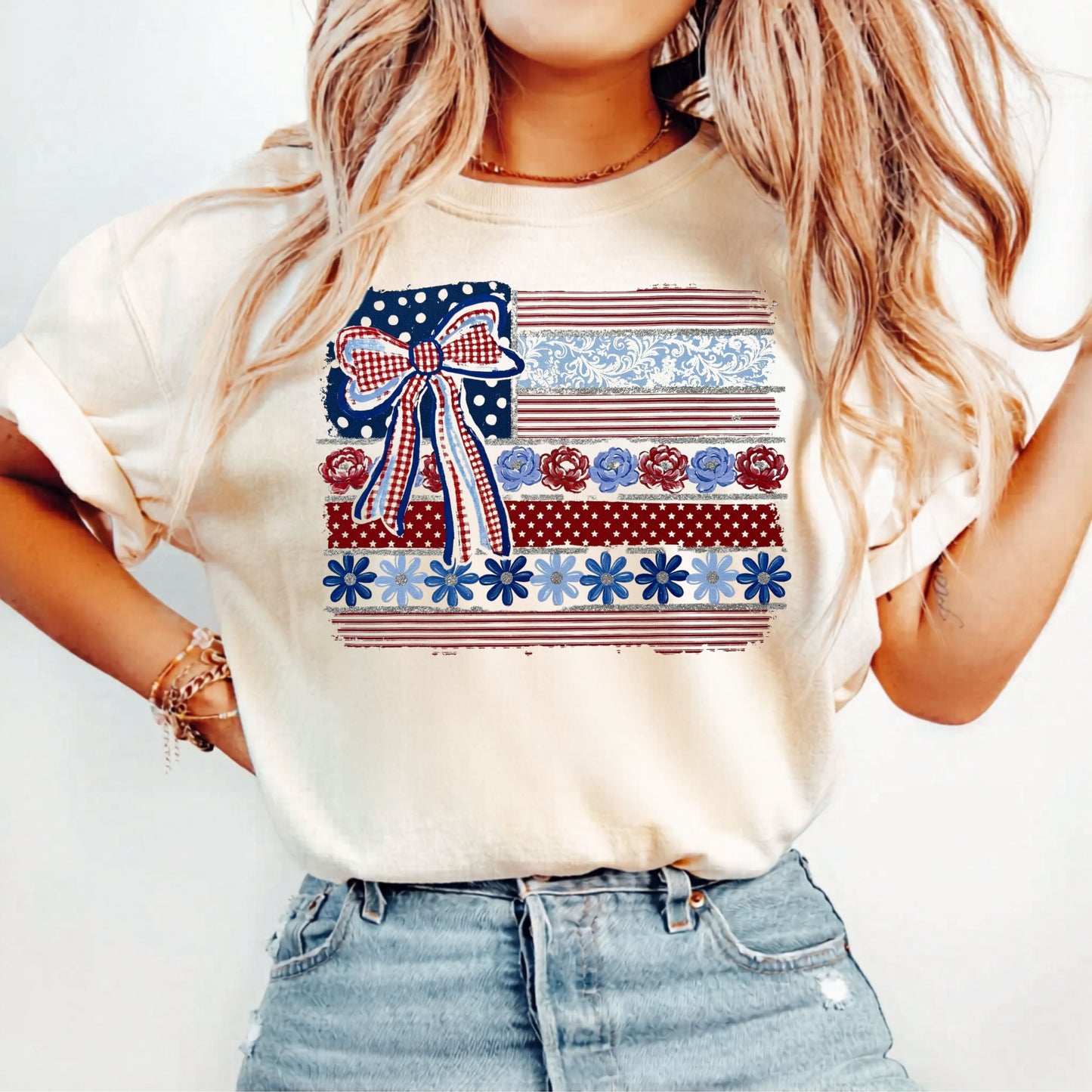 Patriotic Ribbon Flag T-Shirt in Ivory — vintage americana graphic tee, garment dyed, relaxed fit