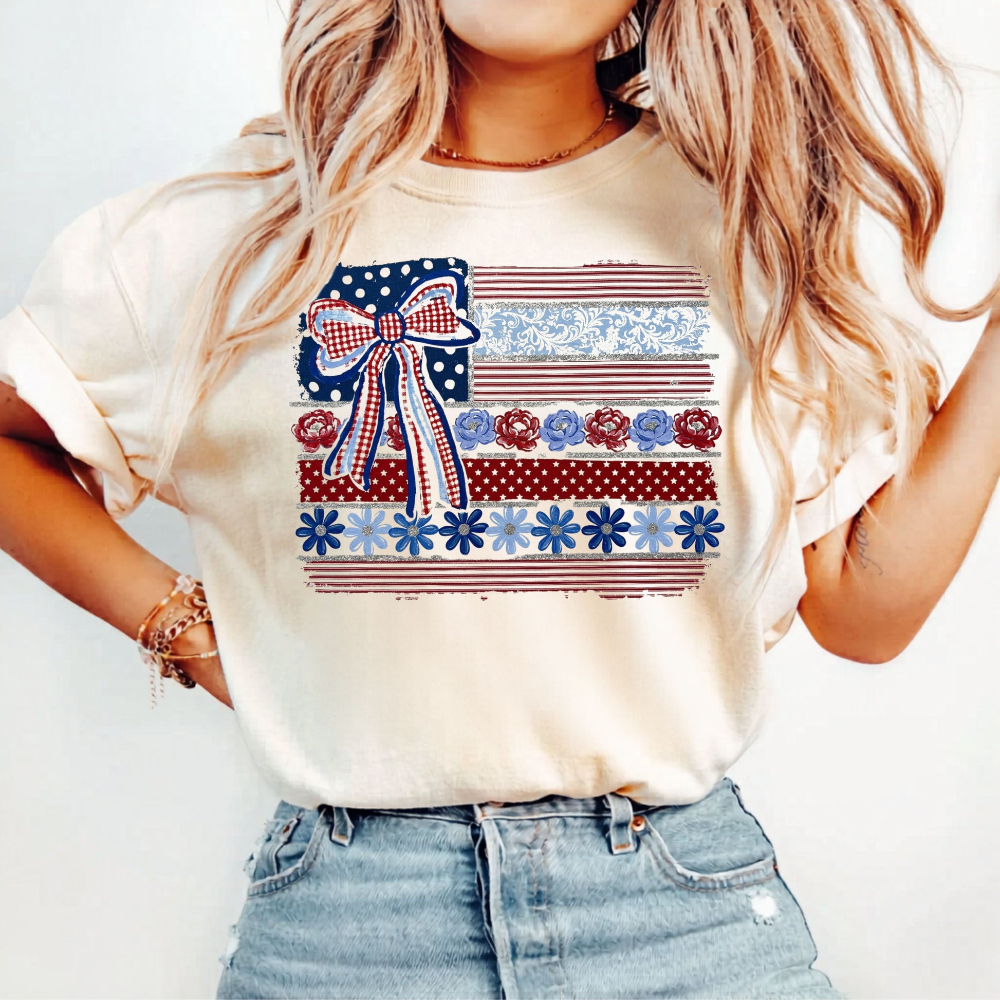 Patriotic Ribbon Flag T-Shirt in Ivory — vintage americana graphic tee, garment dyed, relaxed fit