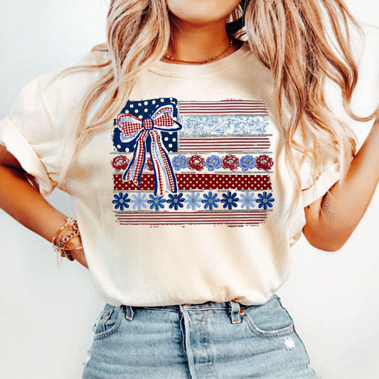 Patriotic Ribbon Flag T-Shirt in Ivory — vintage americana graphic tee, garment dyed, relaxed fit