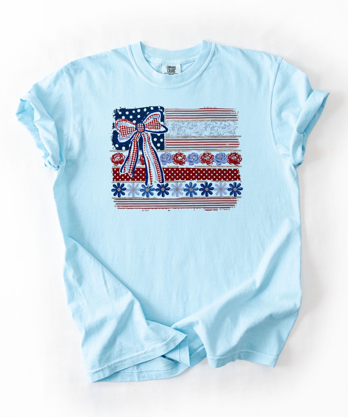 Patriotic Ribbon Flag T-Shirt in Chambray — vintage americana graphic tee, garment dyed, relaxed fit