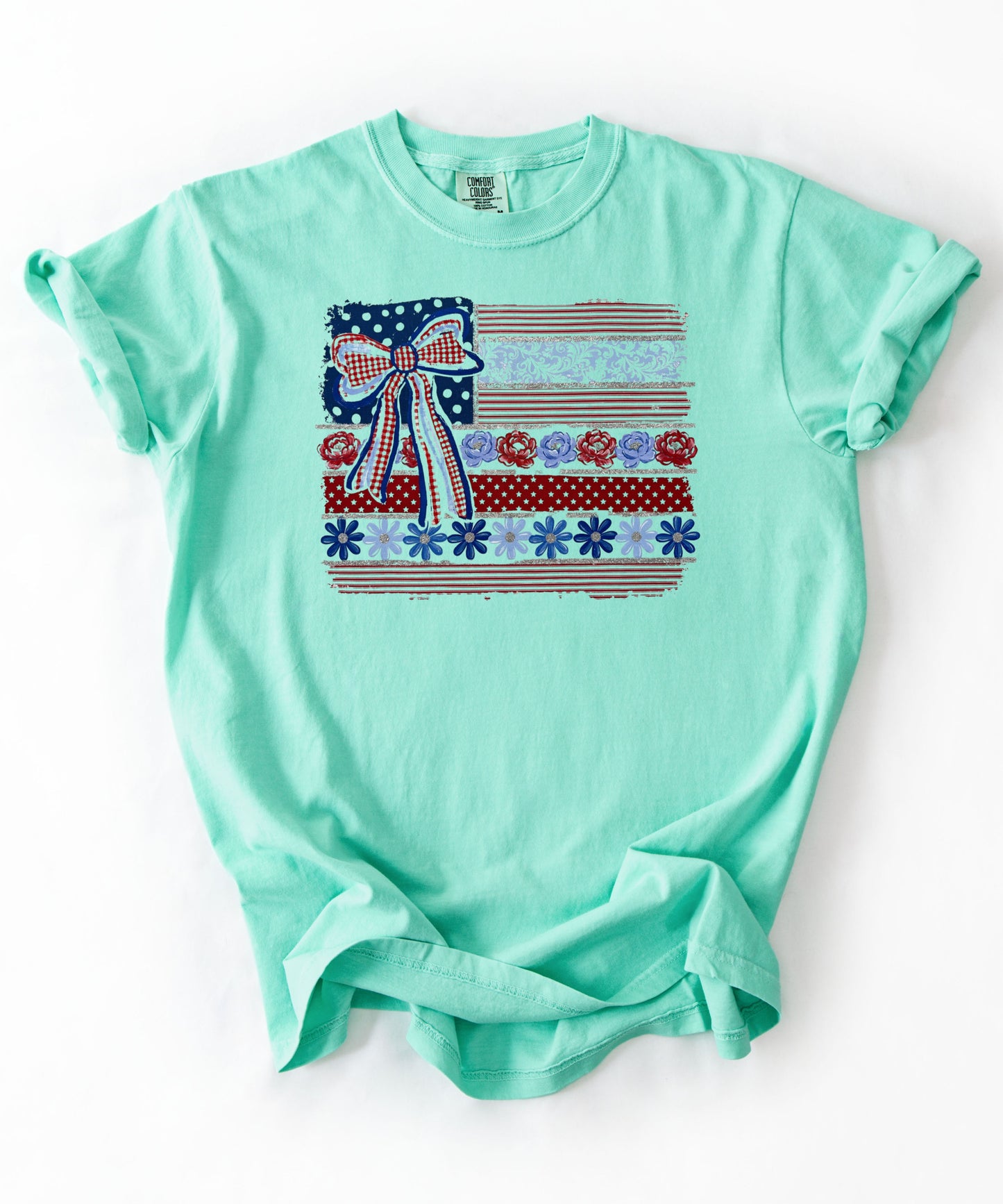 Patriotic Ribbon Flag T-Shirt in Island reef — vintage americana graphic tee, garment dyed, relaxed fit