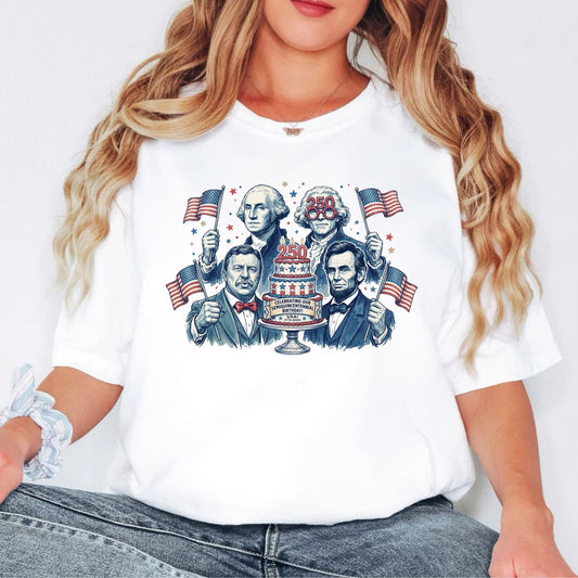Founding Fathers Birthday Party T-Shirt in White — America 250th anniversary patriotic graphic tee