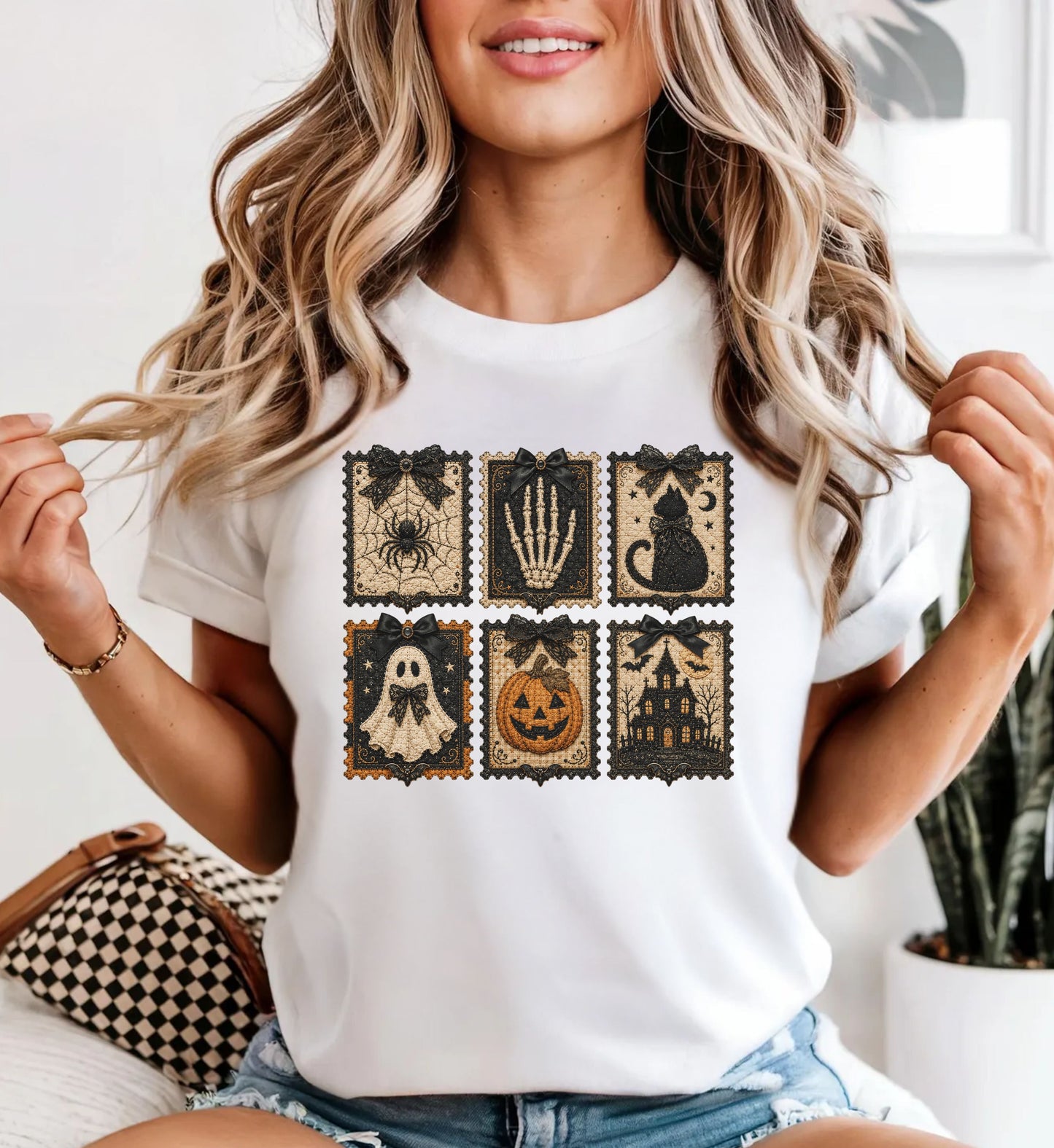 Vintage Halloween Faux Patchwork T-Shirt — Spooky Stamp Graphic Tee