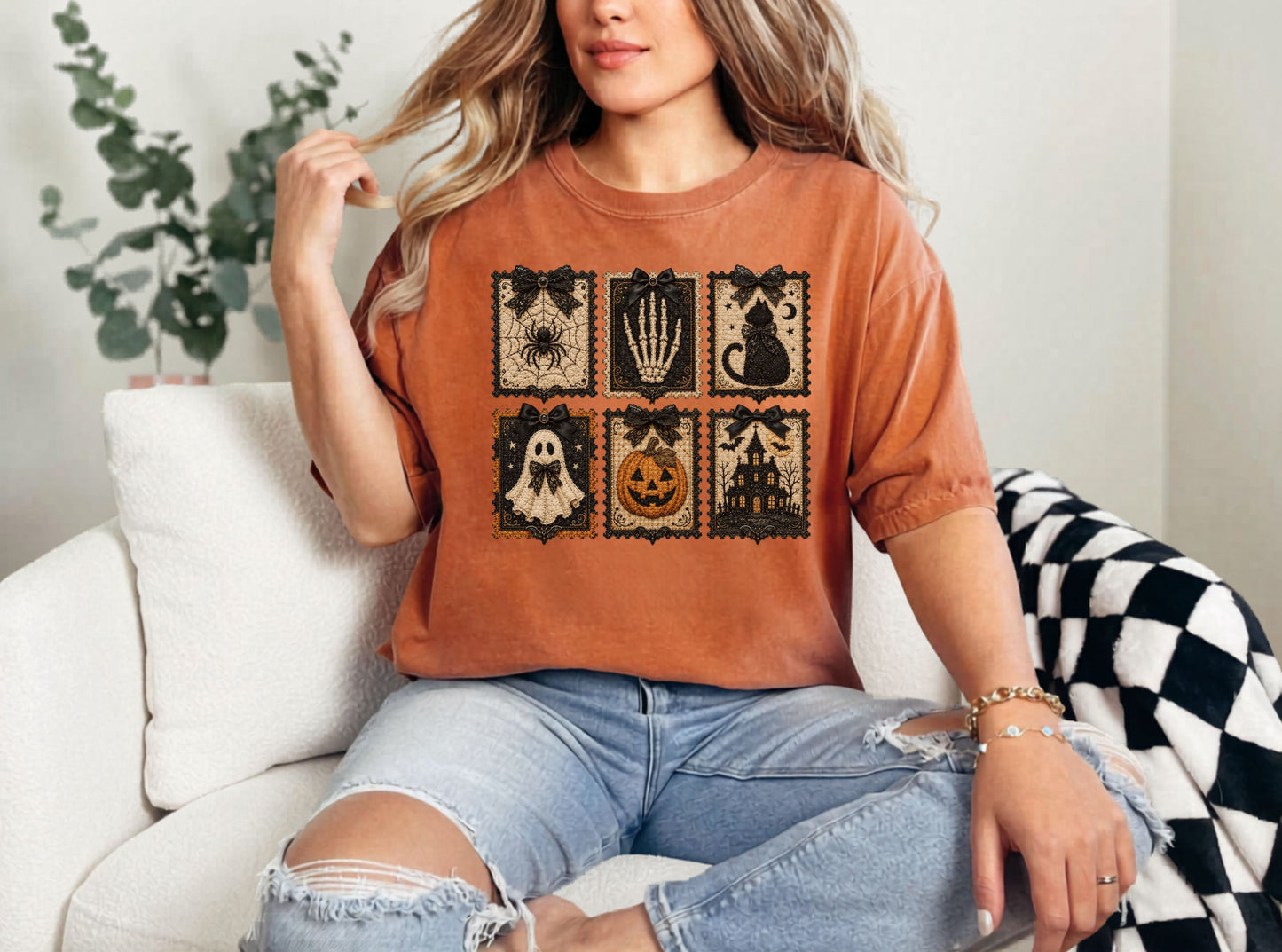 Vintage Halloween Faux Patchwork T-Shirt — Spooky Stamp Graphic Tee