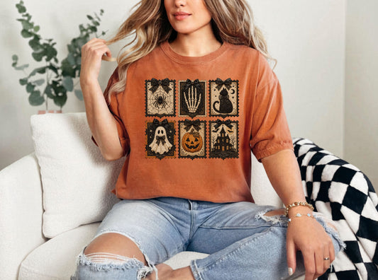 Vintage Halloween Faux Patchwork T-Shirt — Spooky Stamp Graphic Tee