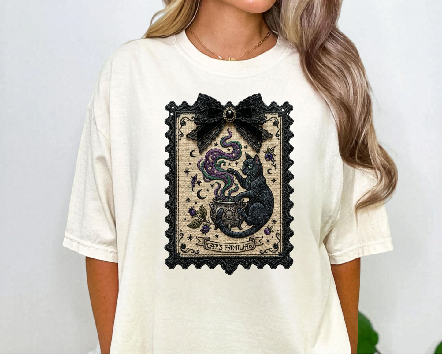 Vintage Black Cat Faux Tarot Stamp T-Shirt in Ivory — faux tarot stamp print, soft garment dyed tee