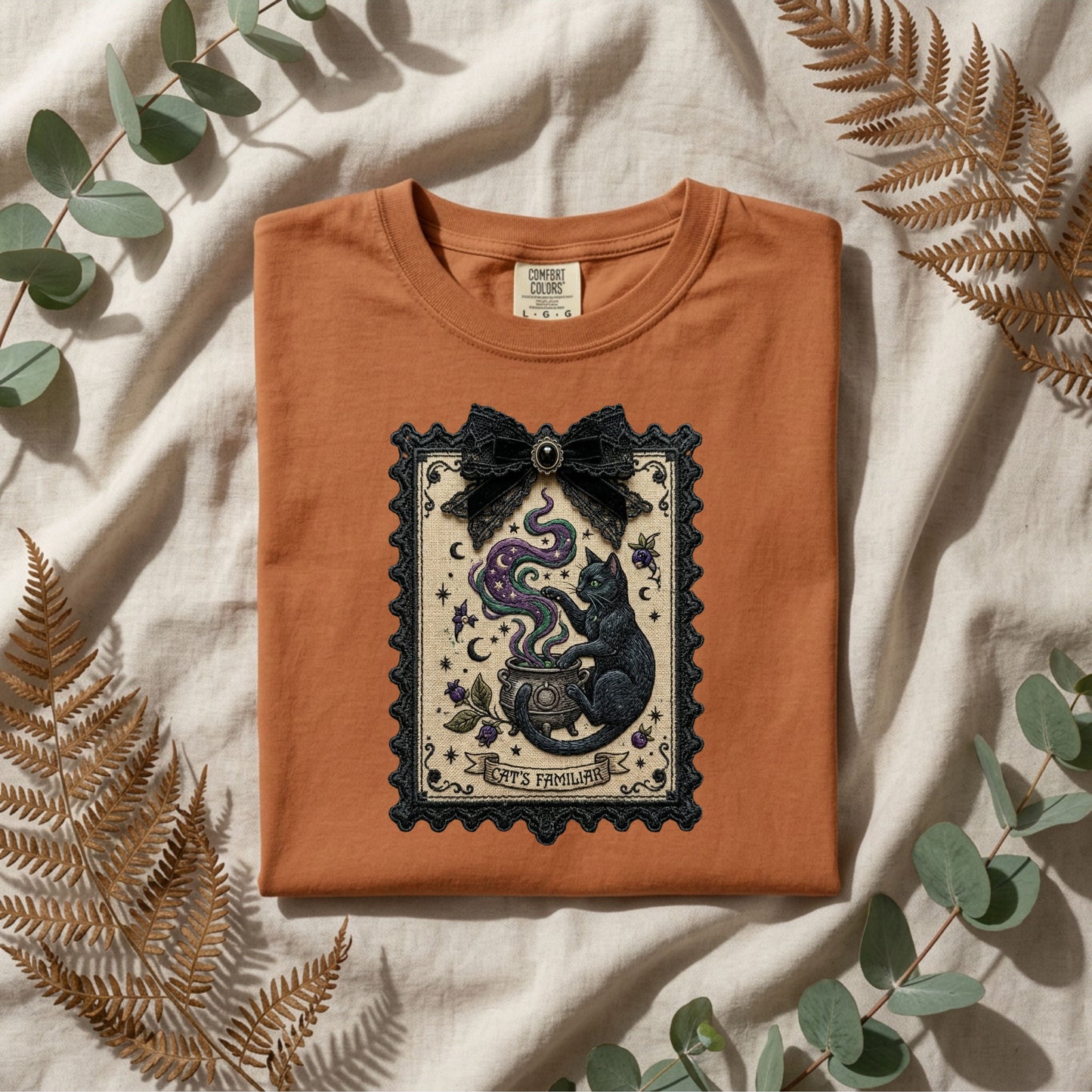 Vintage Black Cat Faux Tarot Stamp T-Shirt in Yam— faux tarot stamp print, soft garment dyed tee