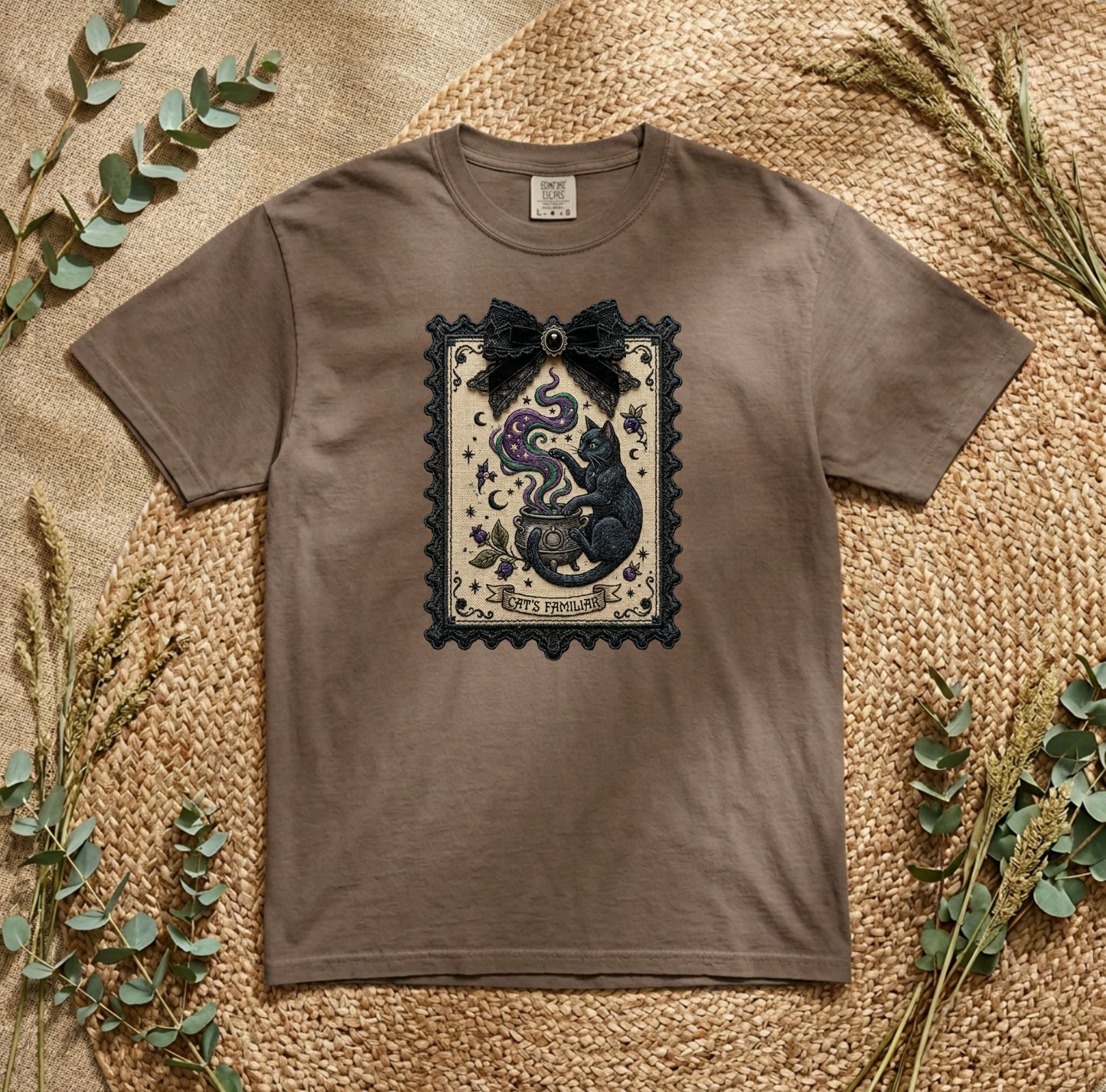 Vintage Black Cat Faux Tarot Stamp T-Shirt in Espresso— faux tarot stamp print, soft garment dyed tee