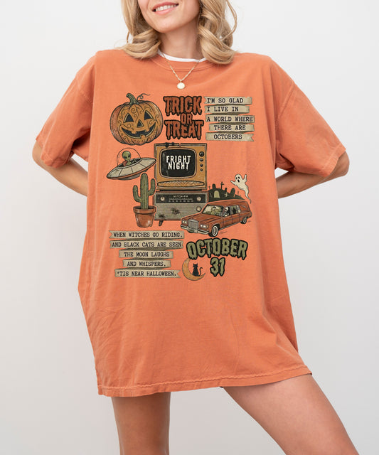 Halloween Retro Graphic T-Shirt in Yam — vintage trick or treat collage tee, garment dyed