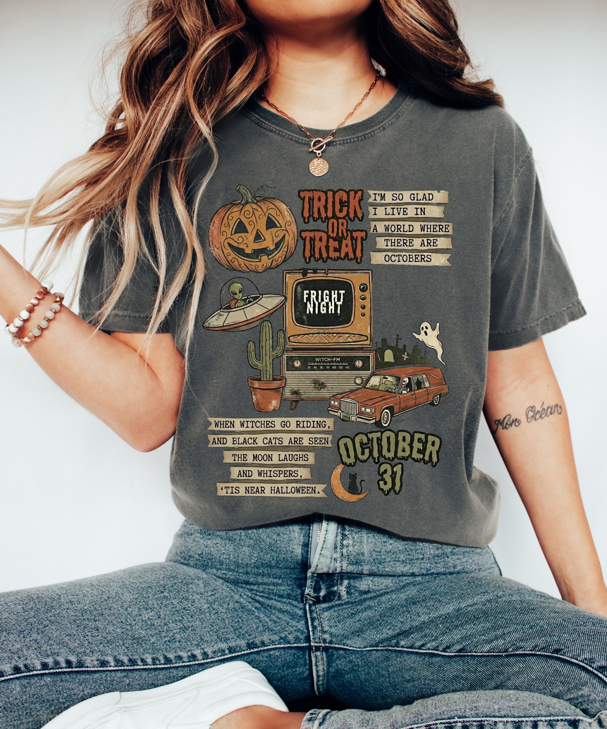 Halloween Retro Graphic T-Shirt in Pepper— vintage trick or treat collage tee, garment dyed