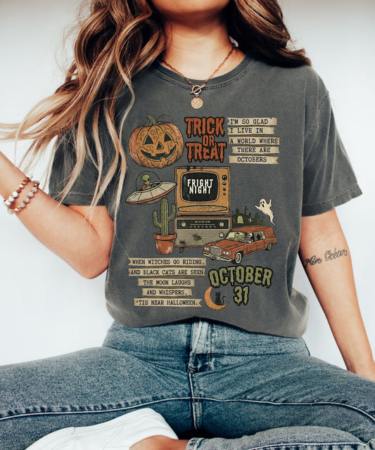 Halloween Retro Graphic T-Shirt in Pepper— vintage trick or treat collage tee, garment dyed