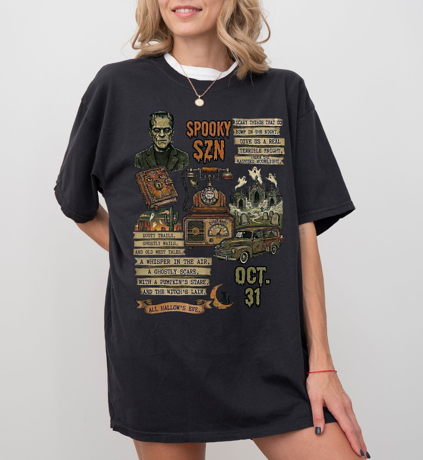 Spooky Season Graphic T-Shirt in Black — vintage Halloween haunted carnival tee, garment dyed