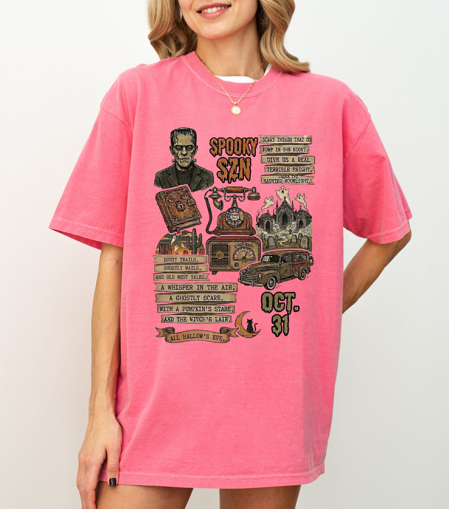 Spooky Season Graphic T-Shirt in Crunchberry  — bold Halloween graphic tee, vintage haunted carnival garment dyed