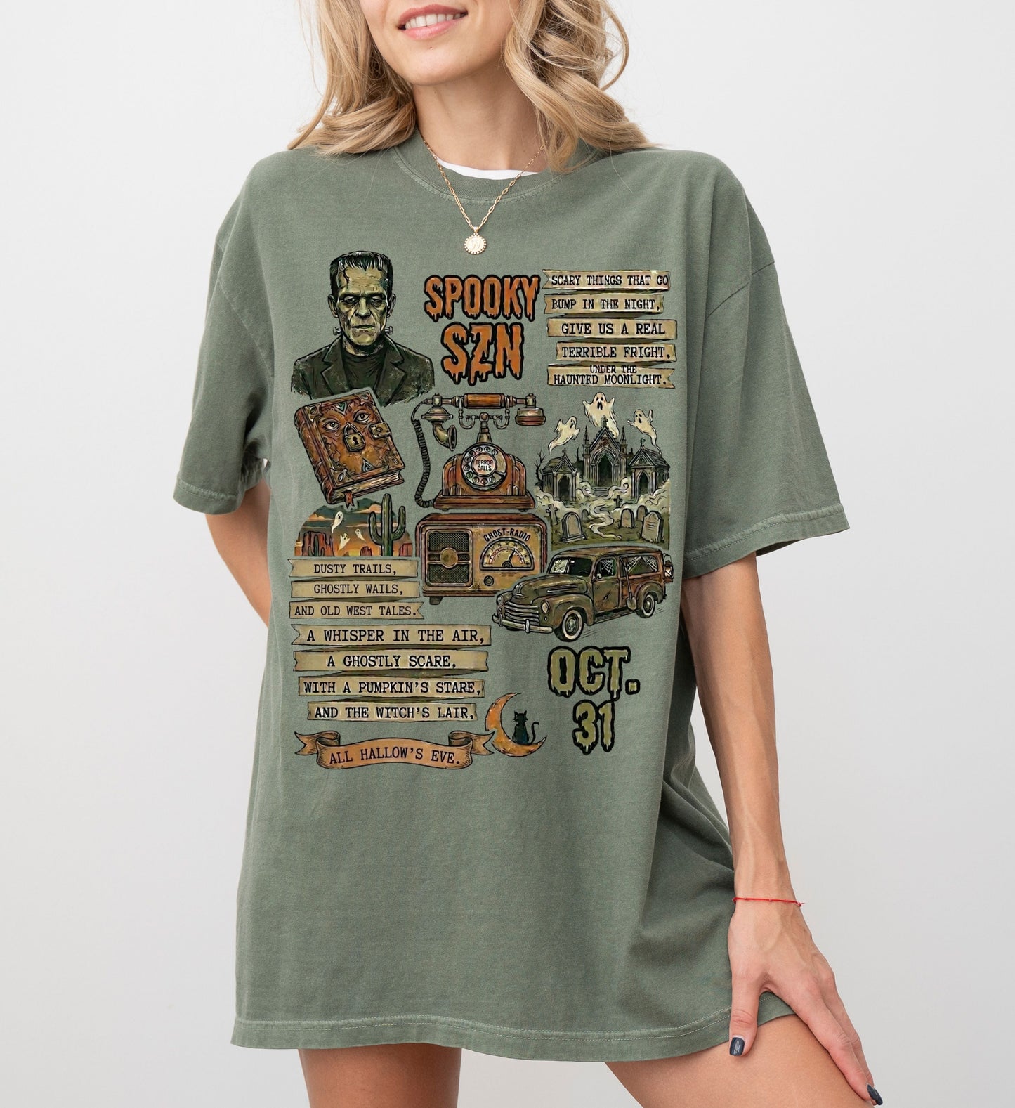 Spooky Season Graphic T-Shirt in Moss — vintage Halloween haunted carnival tee, garment dyed