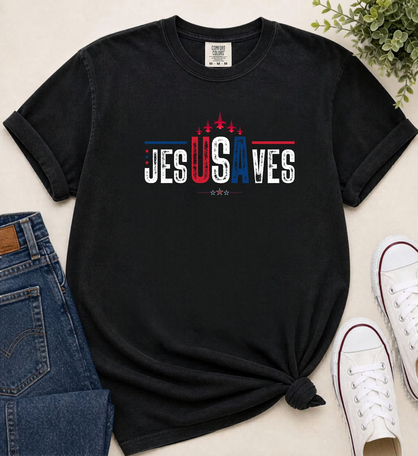 jesUSAves Graphic T-Shirt in Black — Jesus Saves retro Americana faith tee, garment dyed