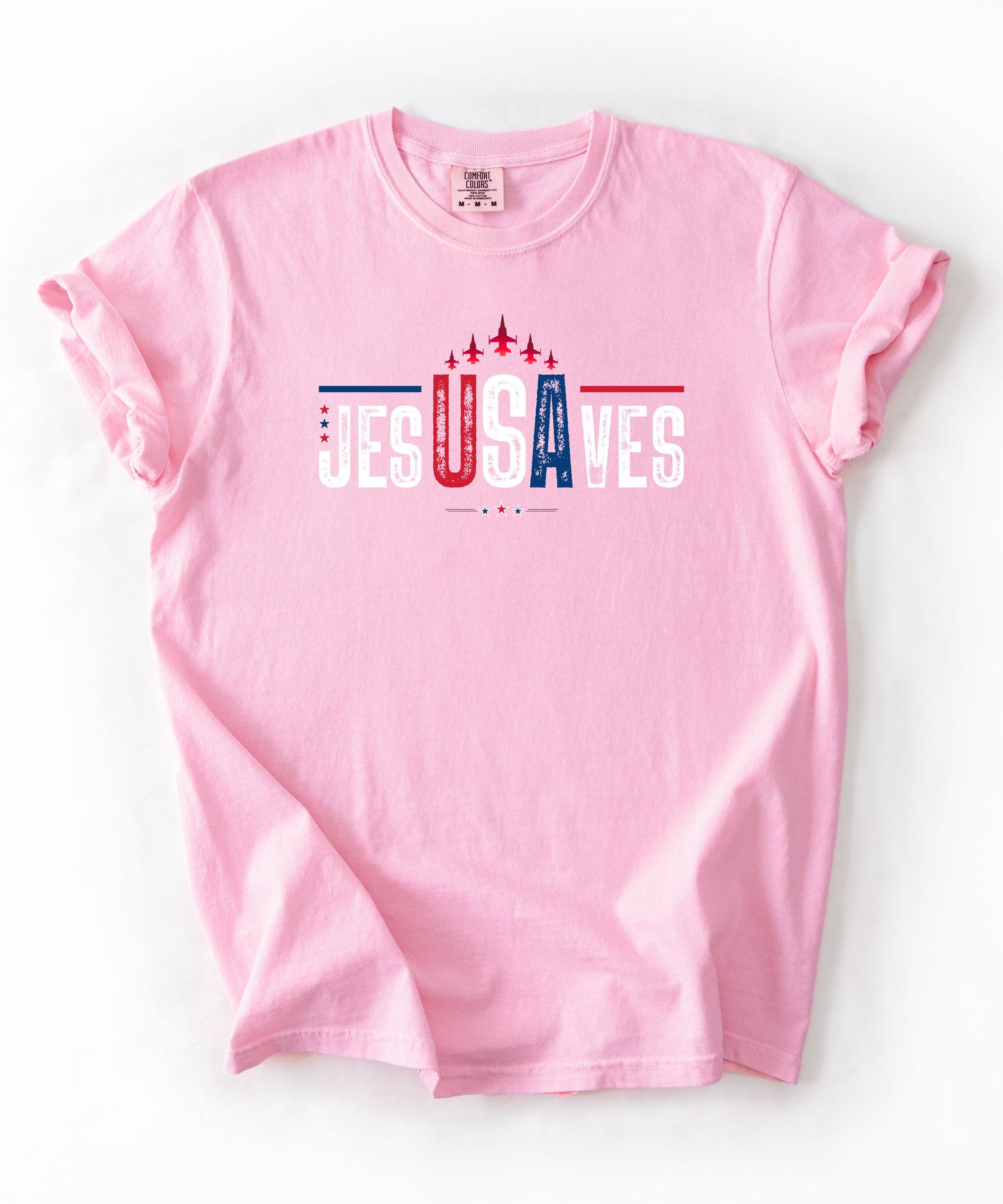 jesUSAves Graphic T-Shirt in Blossom — Jesus Saves retro Americana faith tee, garment dyed