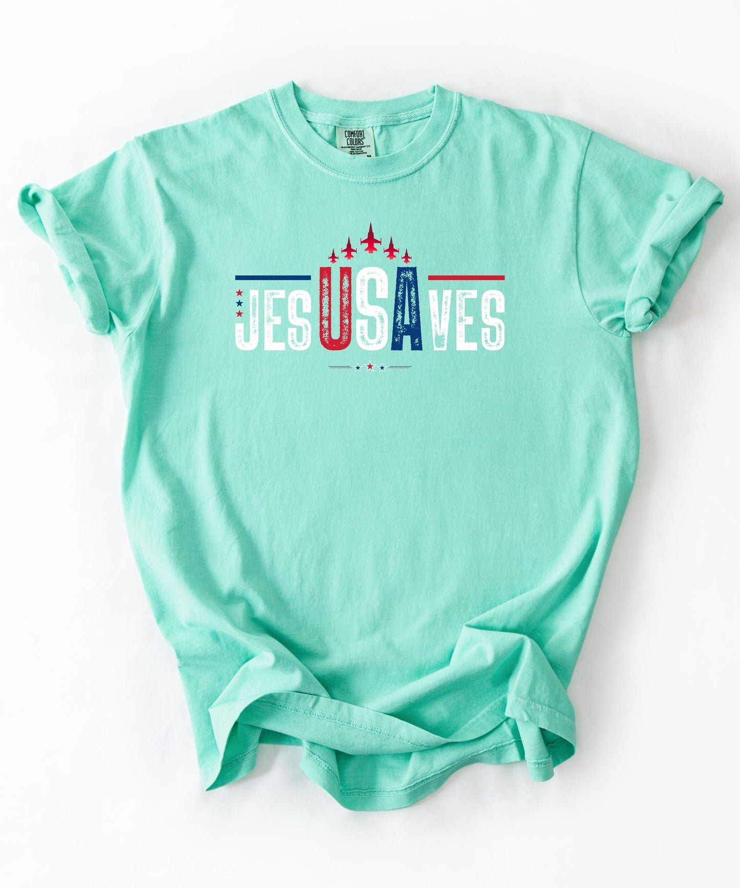 jesUSAves Graphic T-Shirt in Island Reef — Jesus Saves retro Americana faith tee, garment dyed