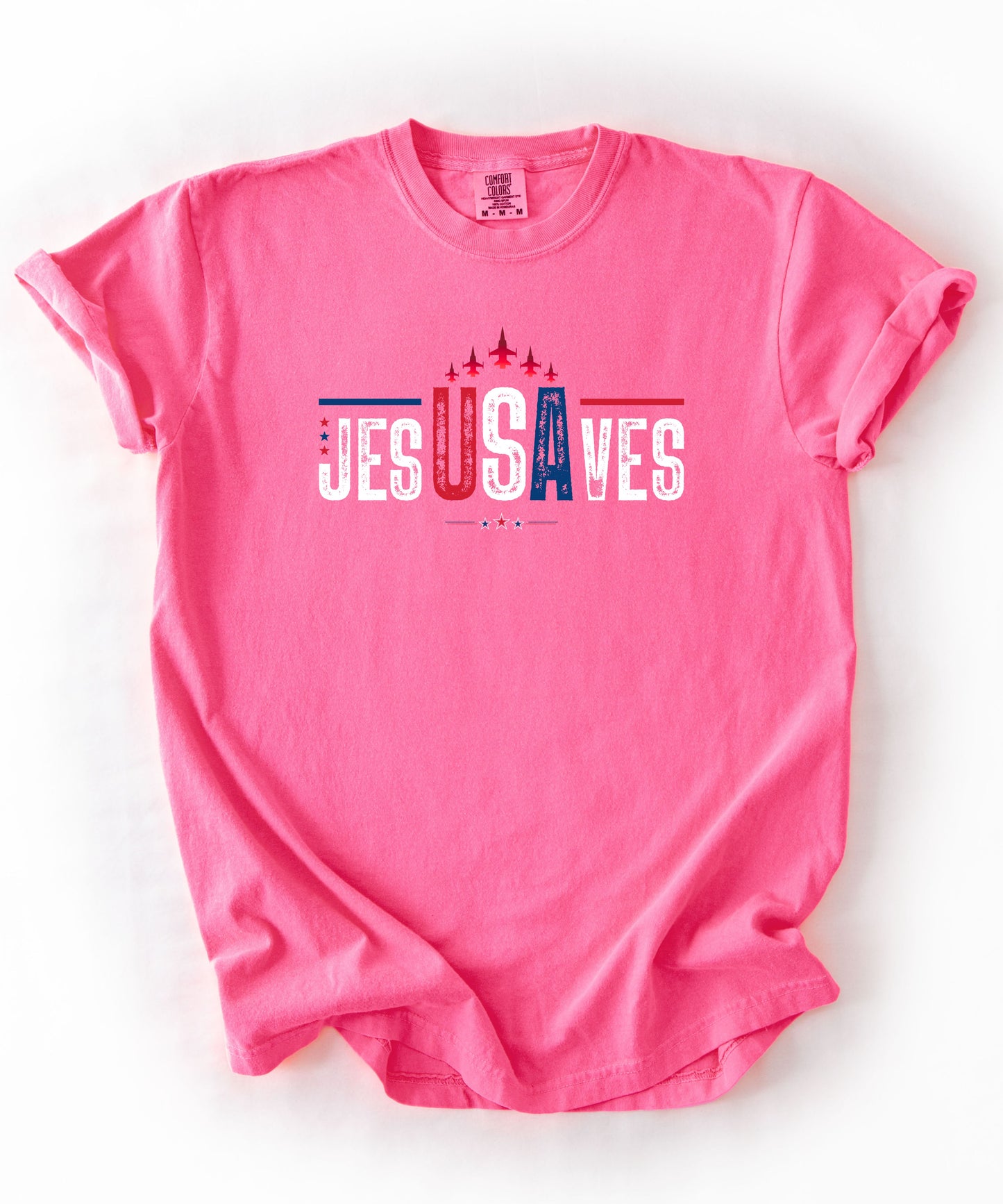 jesUSAves Graphic T-Shirt in Neon Pink — Jesus Saves retro Americana faith tee, garment dyed