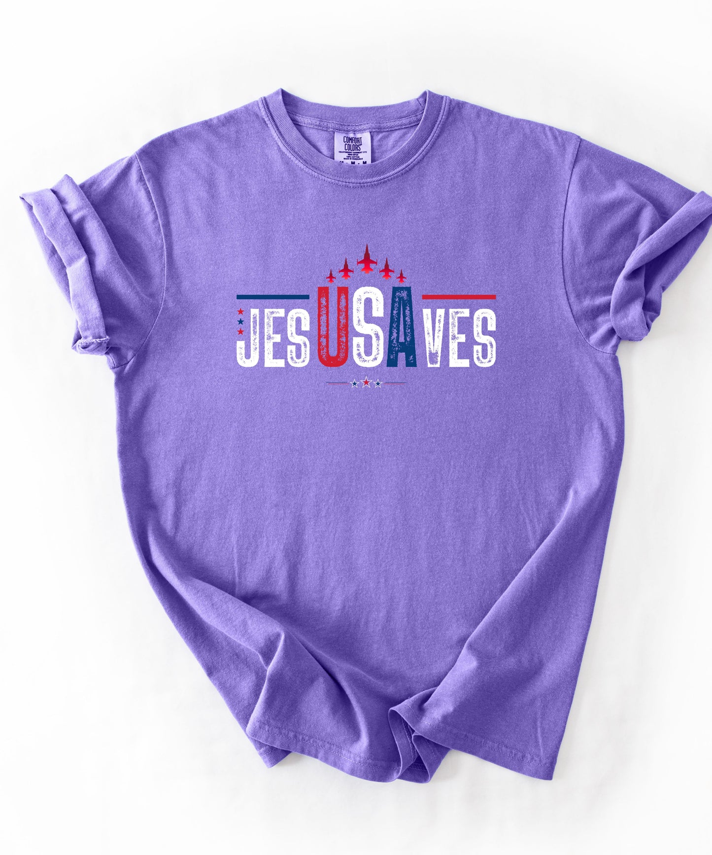 jesUSAves Graphic T-Shirt in Violet — Jesus Saves retro Americana faith tee, garment dyed