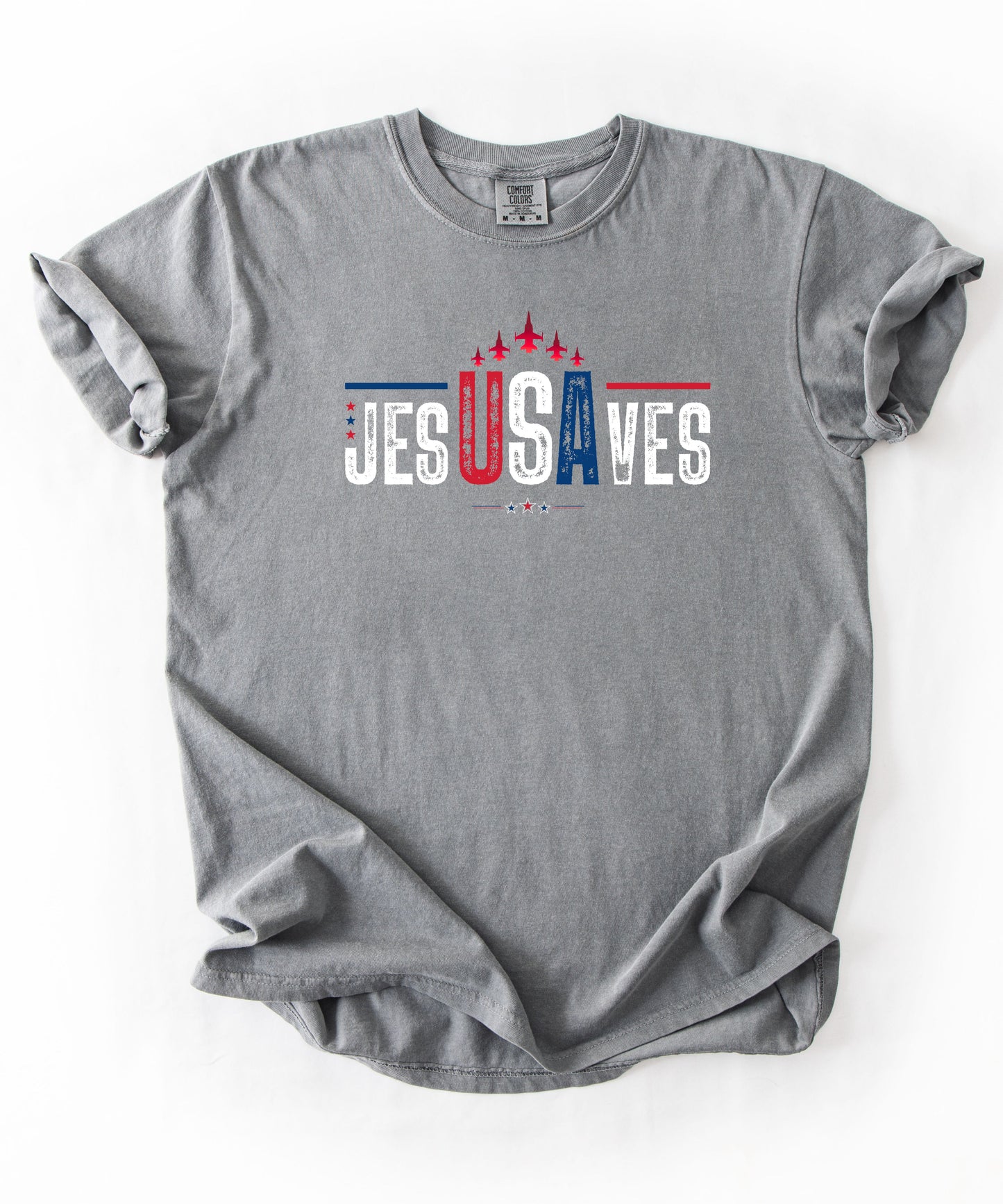 jesUSAves Graphic T-Shirt in Grey— Jesus Saves retro Americana faith tee, garment dyed