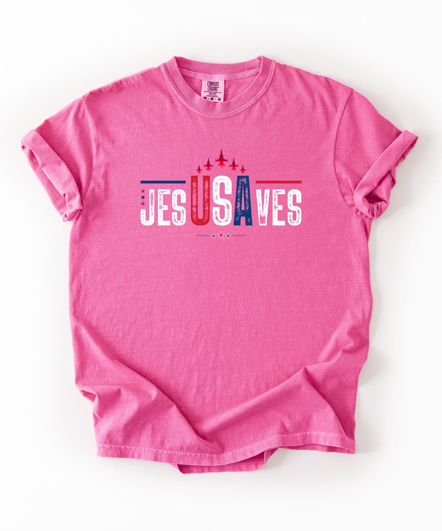 jesUSAves Graphic T-Shirt in Crunchberry — Jesus Saves retro Americana faith tee, garment dyed