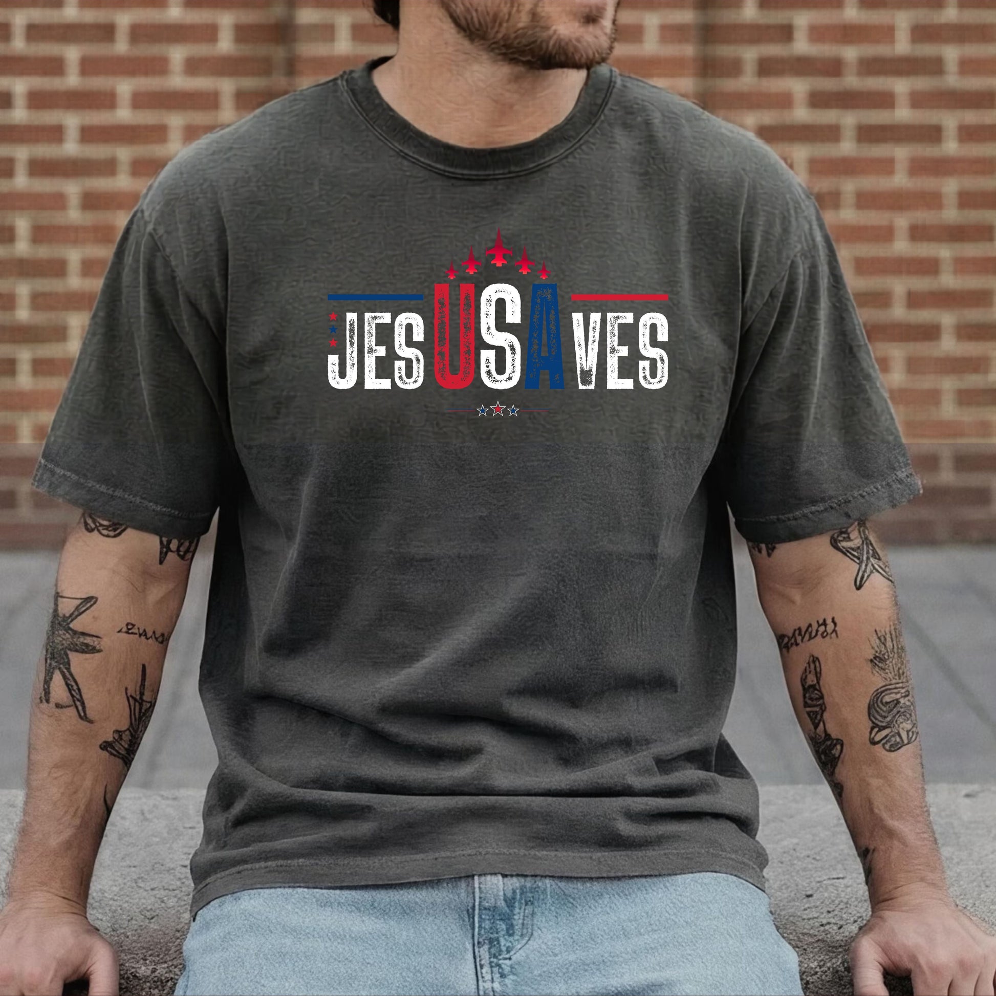 jesUSAves Graphic T-Shirt in Pepper — Jesus Saves retro Americana faith tee, garment dyed