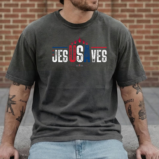 jesUSAves Graphic T-Shirt in Pepper — Jesus Saves retro Americana faith tee, garment dyed