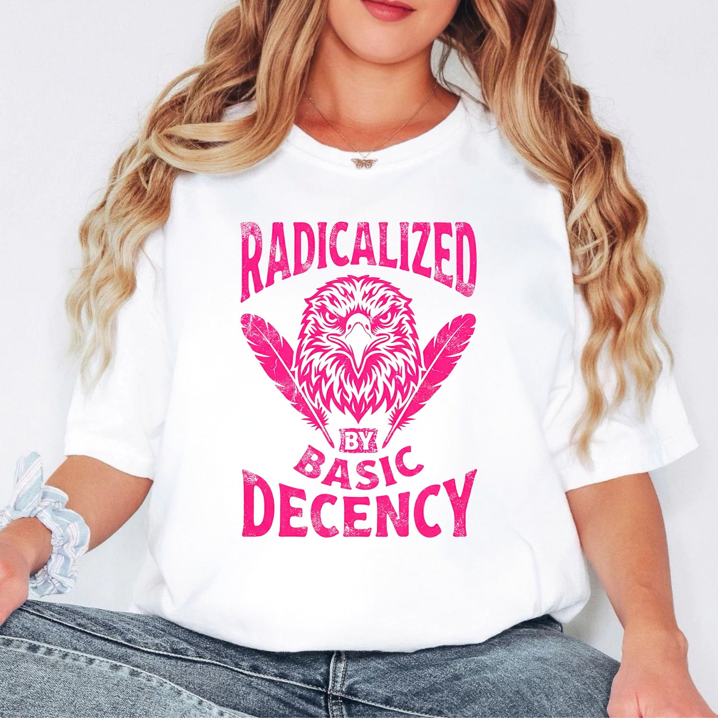 Radicalized by Basic Decency T-Shirt in White — vintage Americana eagle protest graphic tee, garment dyed