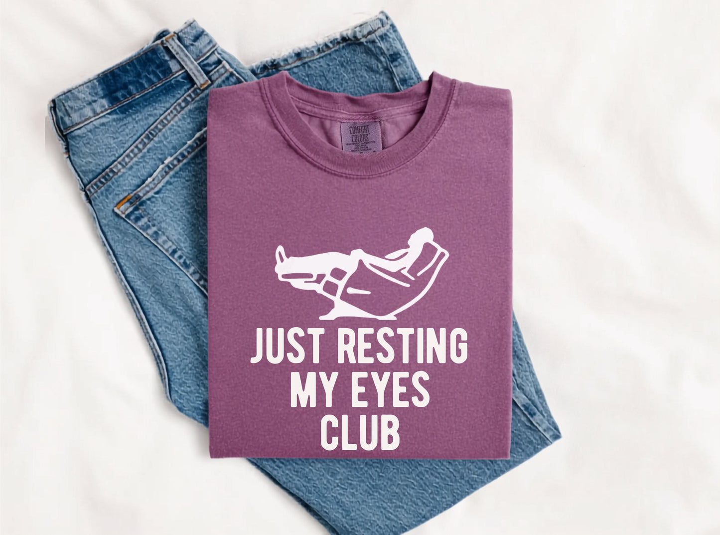Just Resting My Eyes Club T-shirt in Berry — funny garment-dyed graphic tee
