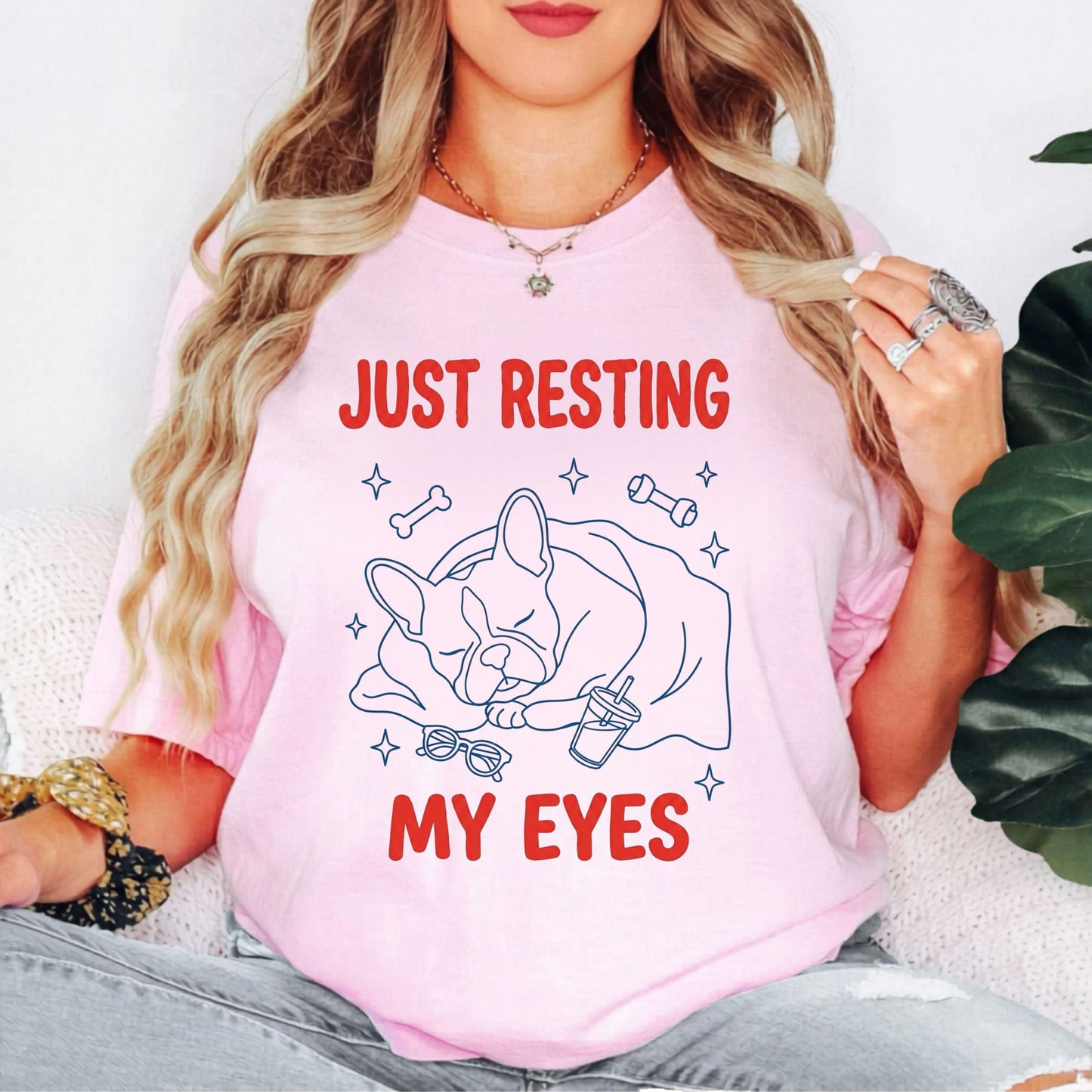 Just Resting My Eyes French Bulldog T-Shirt in Blossom — soft garment-dyed Frenchie tee