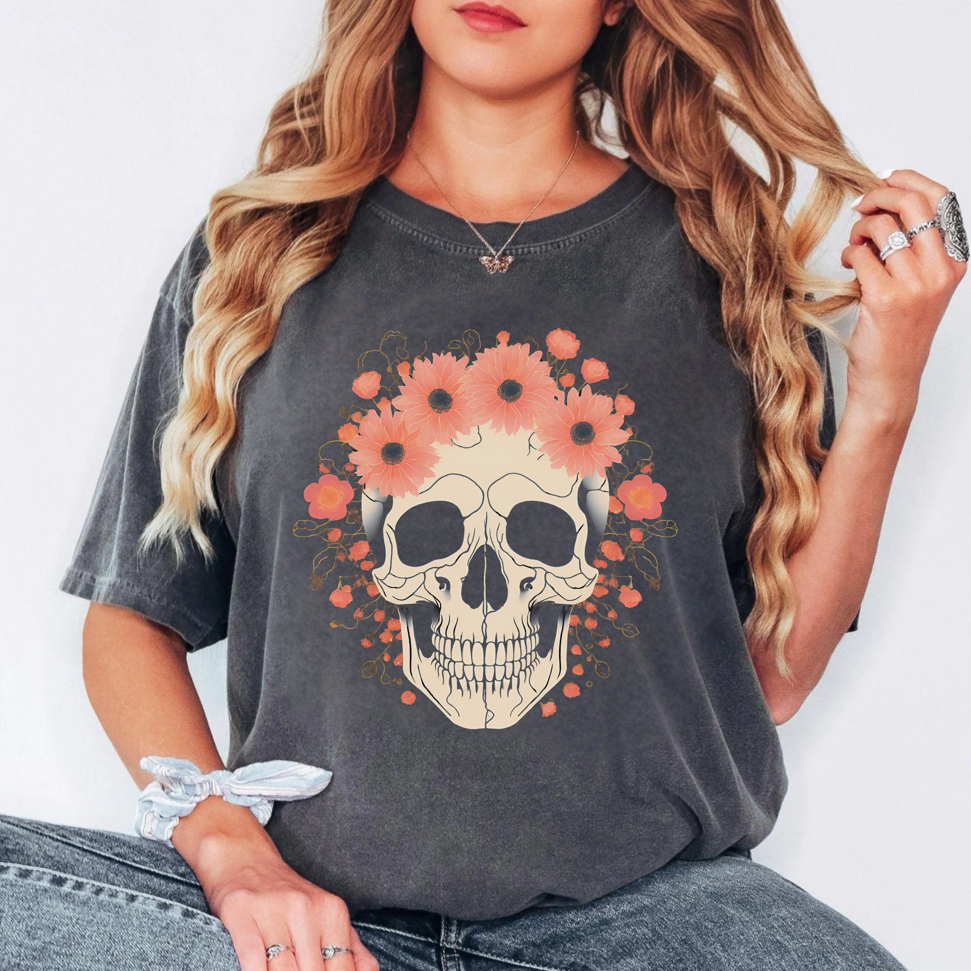 Floral Skull Graphic T-Shirt in Pepper— dark floral crown gothic tee