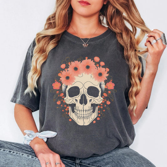 Floral Skull Graphic T-Shirt in Pepper— dark floral crown gothic tee