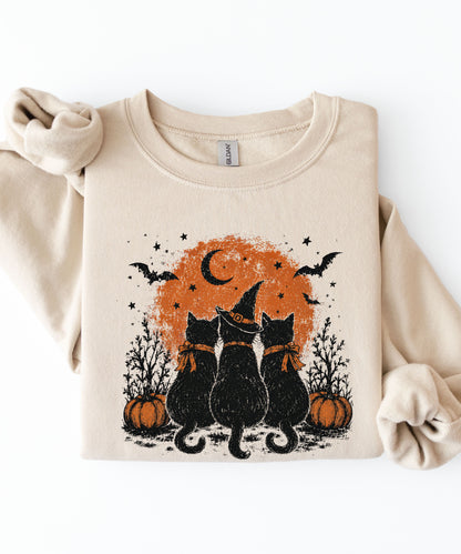Halloween Black Cats Crewneck Sweatshirt — Moonlit Pumpkin Night