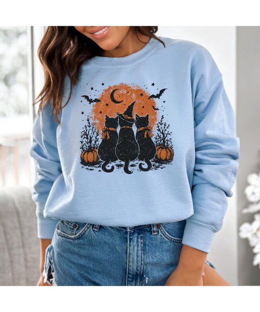 Halloween Black Cats Crewneck Sweatshirt — Moonlit Pumpkin Night