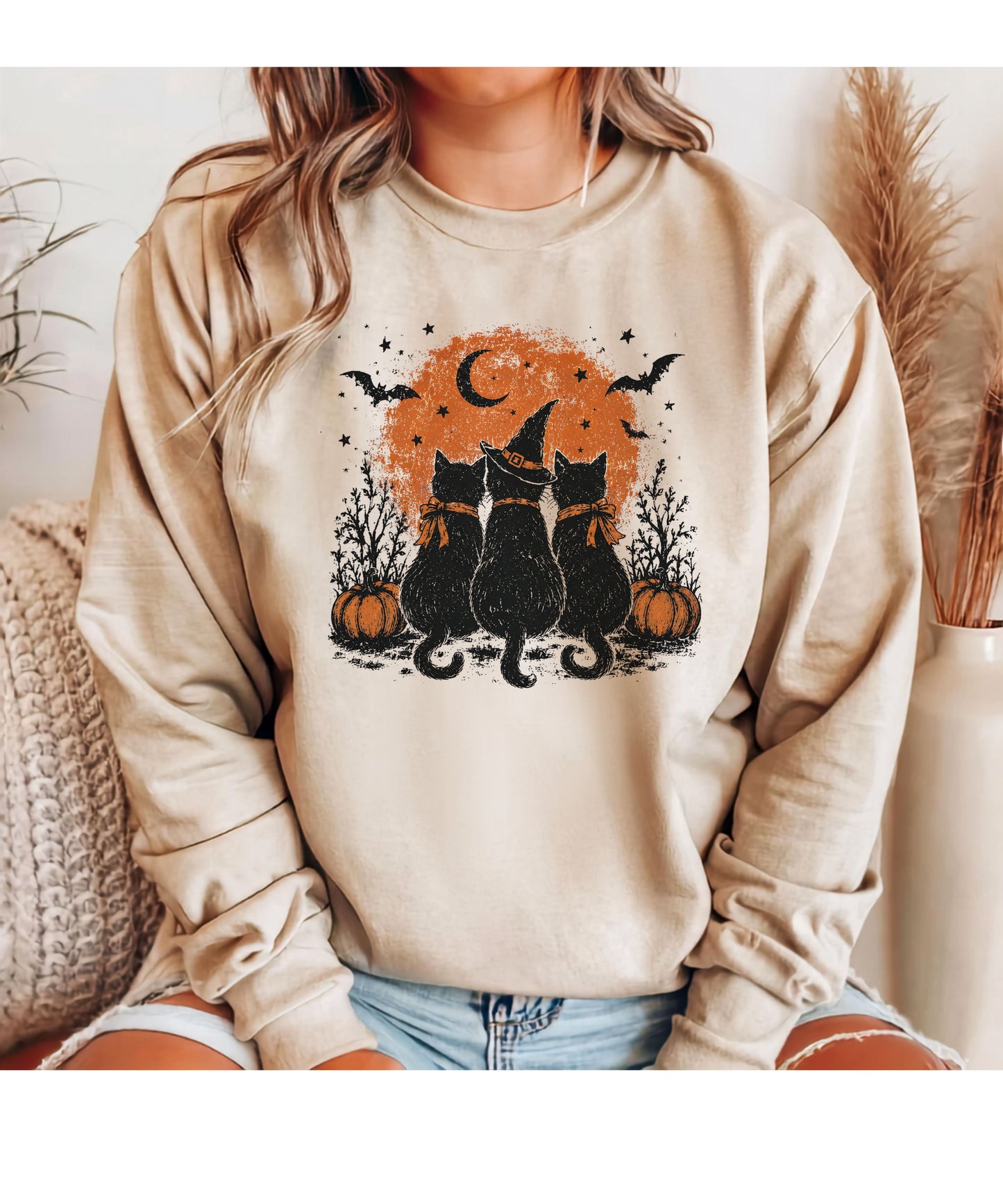 Halloween Black Cats Crewneck Sweatshirt — Moonlit Pumpkin Night
