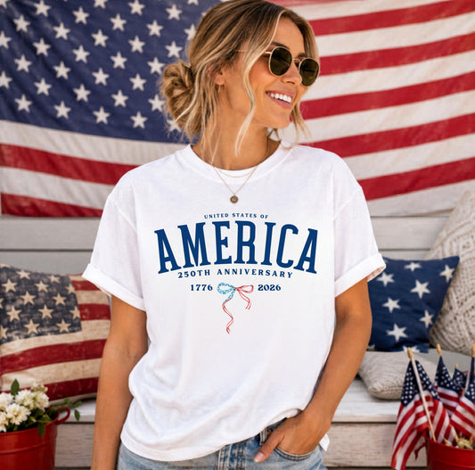 America 250th Anniversary T-Shirt in White — vintage garment-dyed patriotic tee