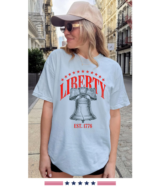 Liberty Bell T-Shirt EST. 1776 in Chambray — vintage garment-dyed patriotic tee