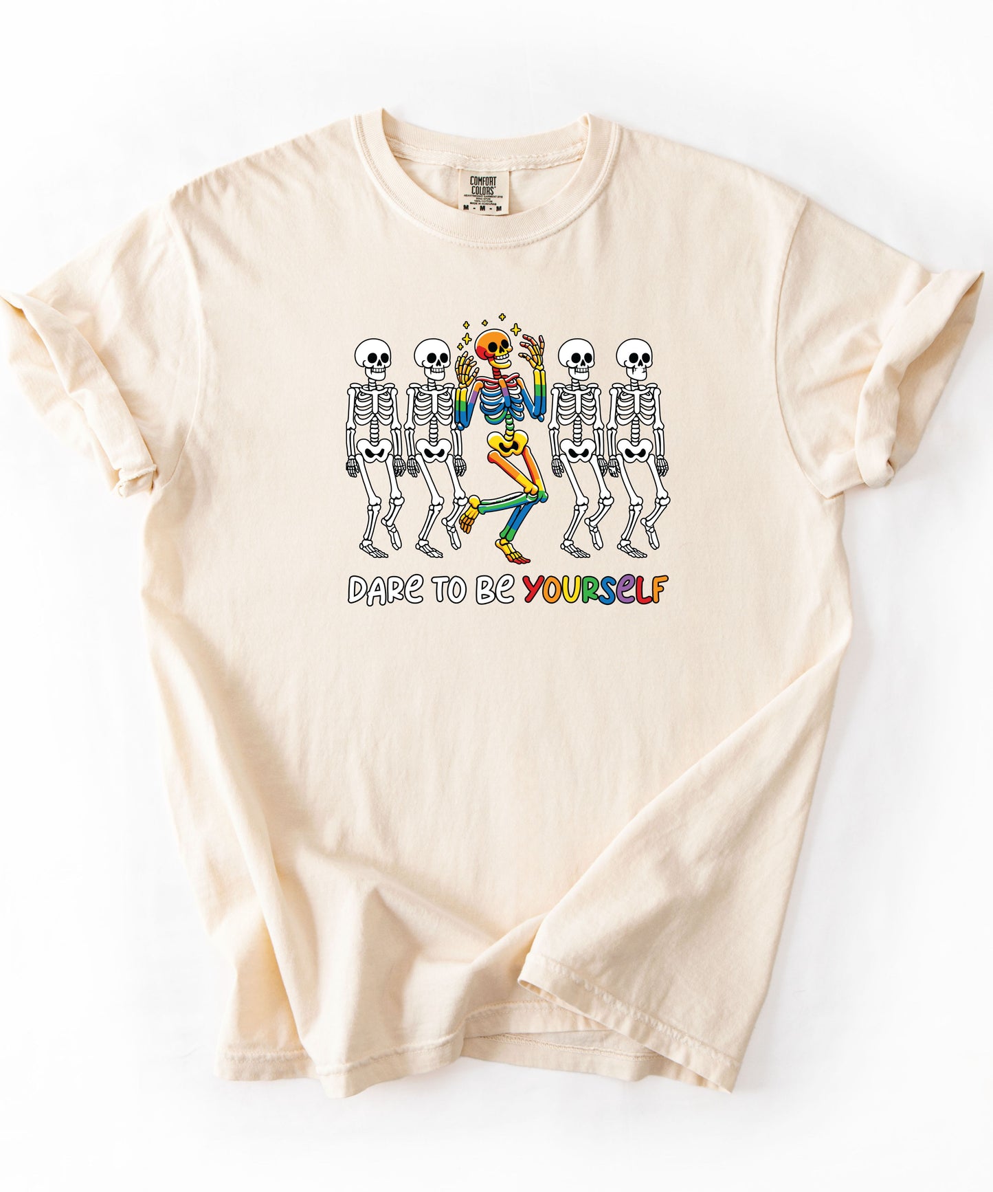 Dare to Be Yourself Rainbow Skeleton T-Shirt in Ivory — garment-dyed Halloween Pride tee