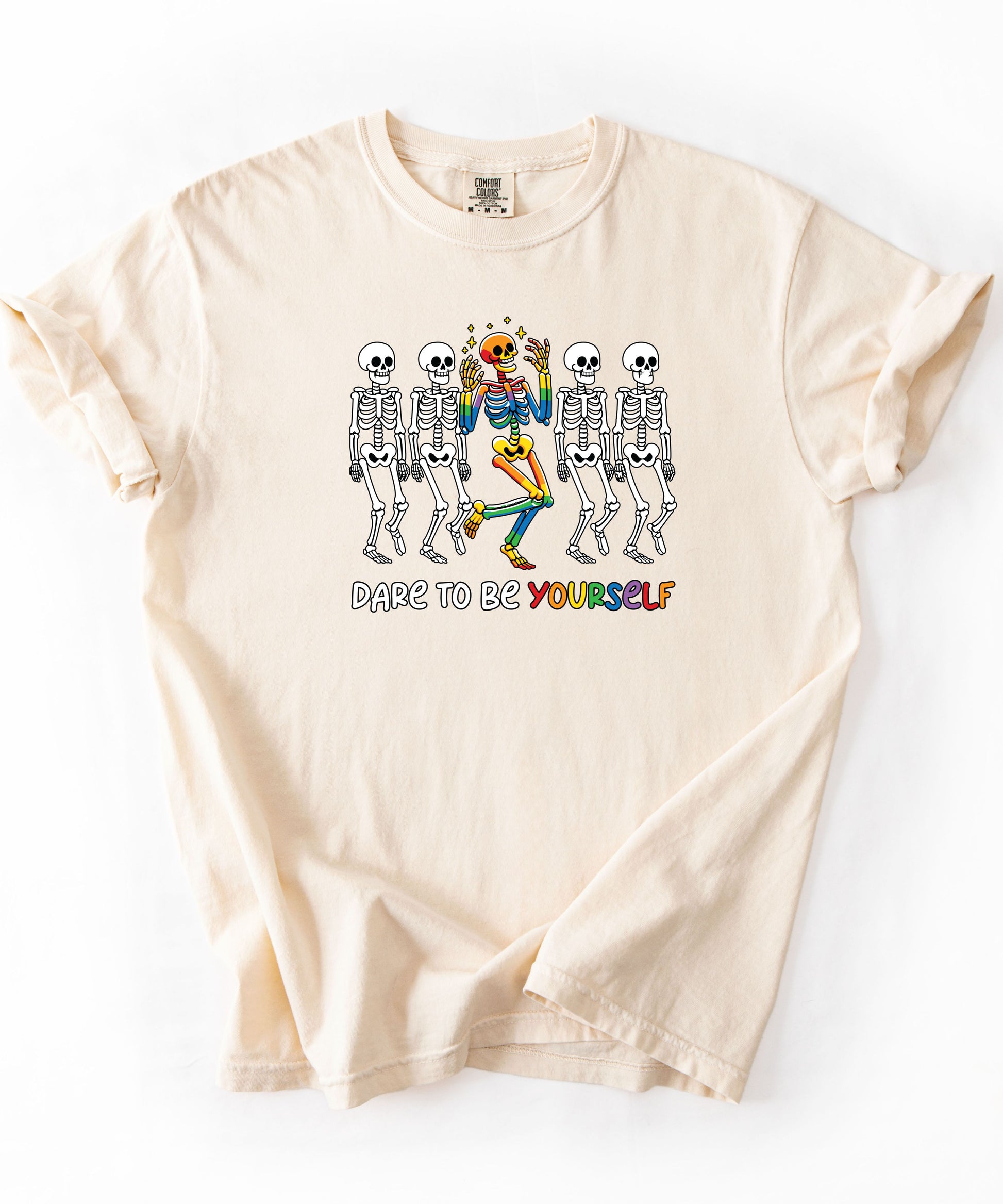 Dare to Be Yourself Rainbow Skeleton T-Shirt in Ivory — garment-dyed Halloween Pride tee